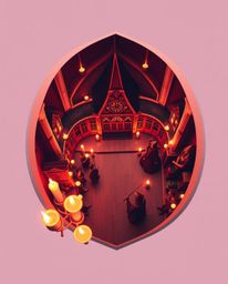 This logo design, inspired by warm candle lights and viewed from a high angle, depicts a magical school brimming with young w