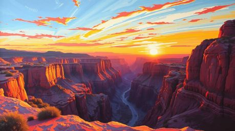 A bold acrylic painting captures the essence of a rocky canyon illuminated by warm sunset hues. The artwork showcases bright 