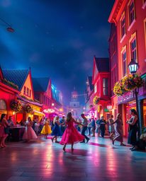 Experience a captivating musical number set in a bright town square, where electric and vivid colors create a mystic and ench