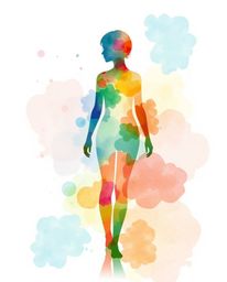 This vibrant watercolor painting features a delicate human silhouette formed by colorful splash patterns in a modern art styl