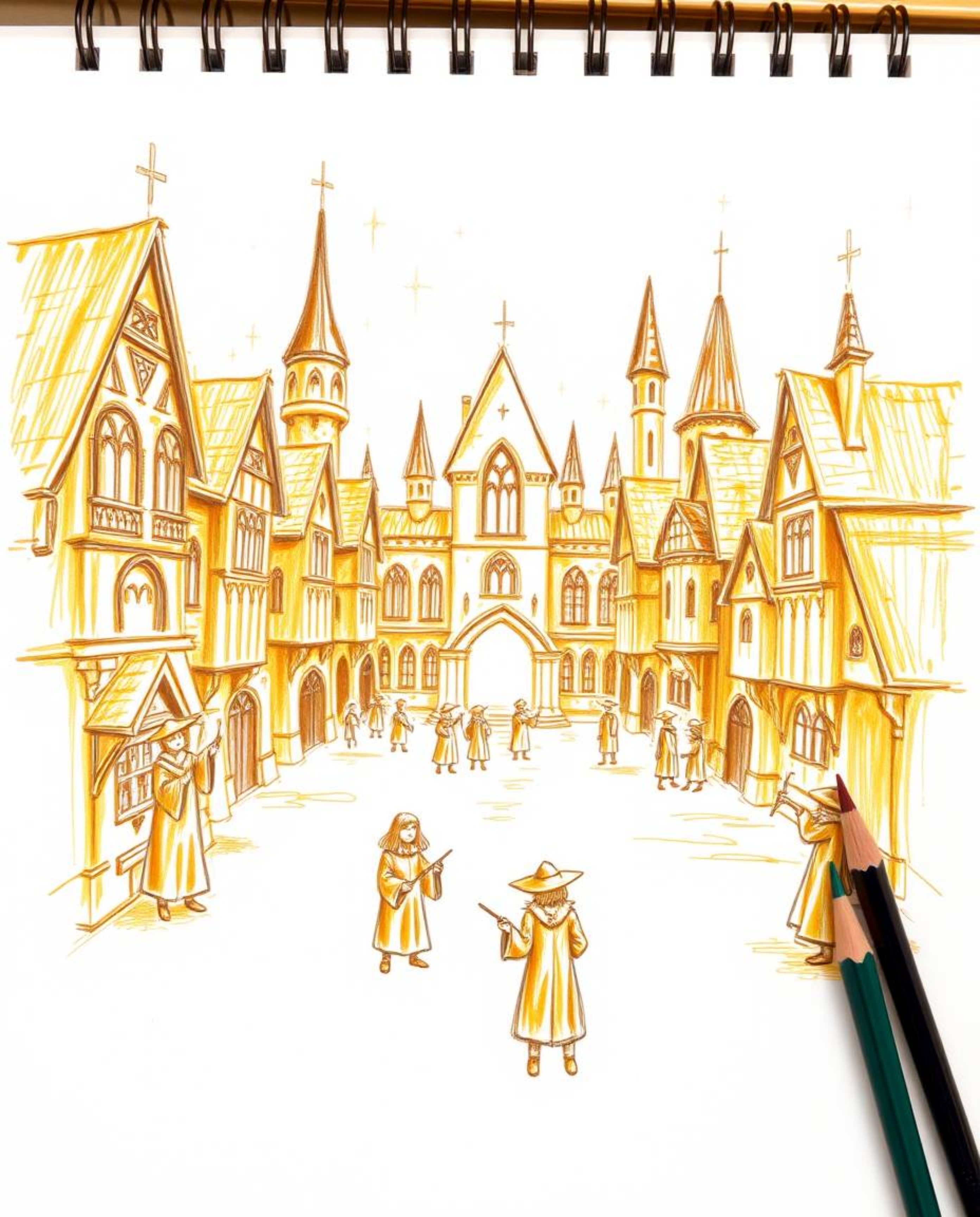 Explore a whimsical hand-drawn sketch of a magical school teeming with radiant young wizards. Rendered in warm, golden tones 