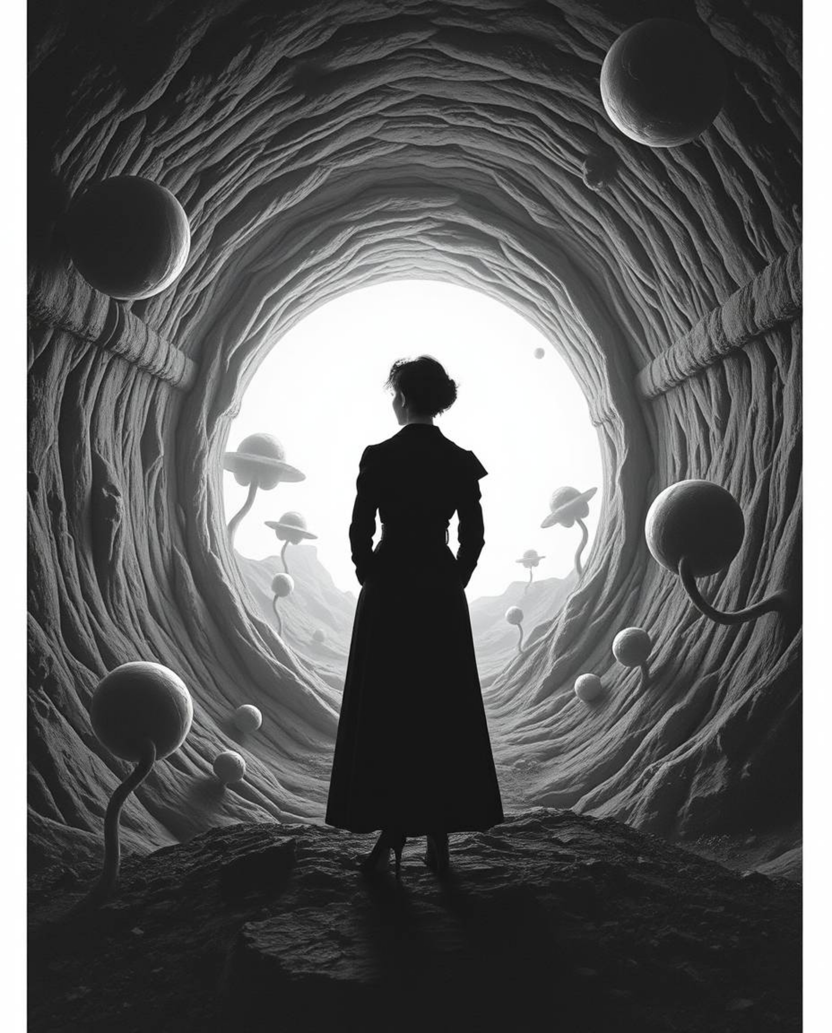 A captivating image depicts a stylish figure in timeless black and white, standing at a tunnel's edge.  The person gazes towa