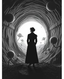 A captivating image depicts a stylish figure in timeless black and white, standing at a tunnel's edge.  The person gazes towa