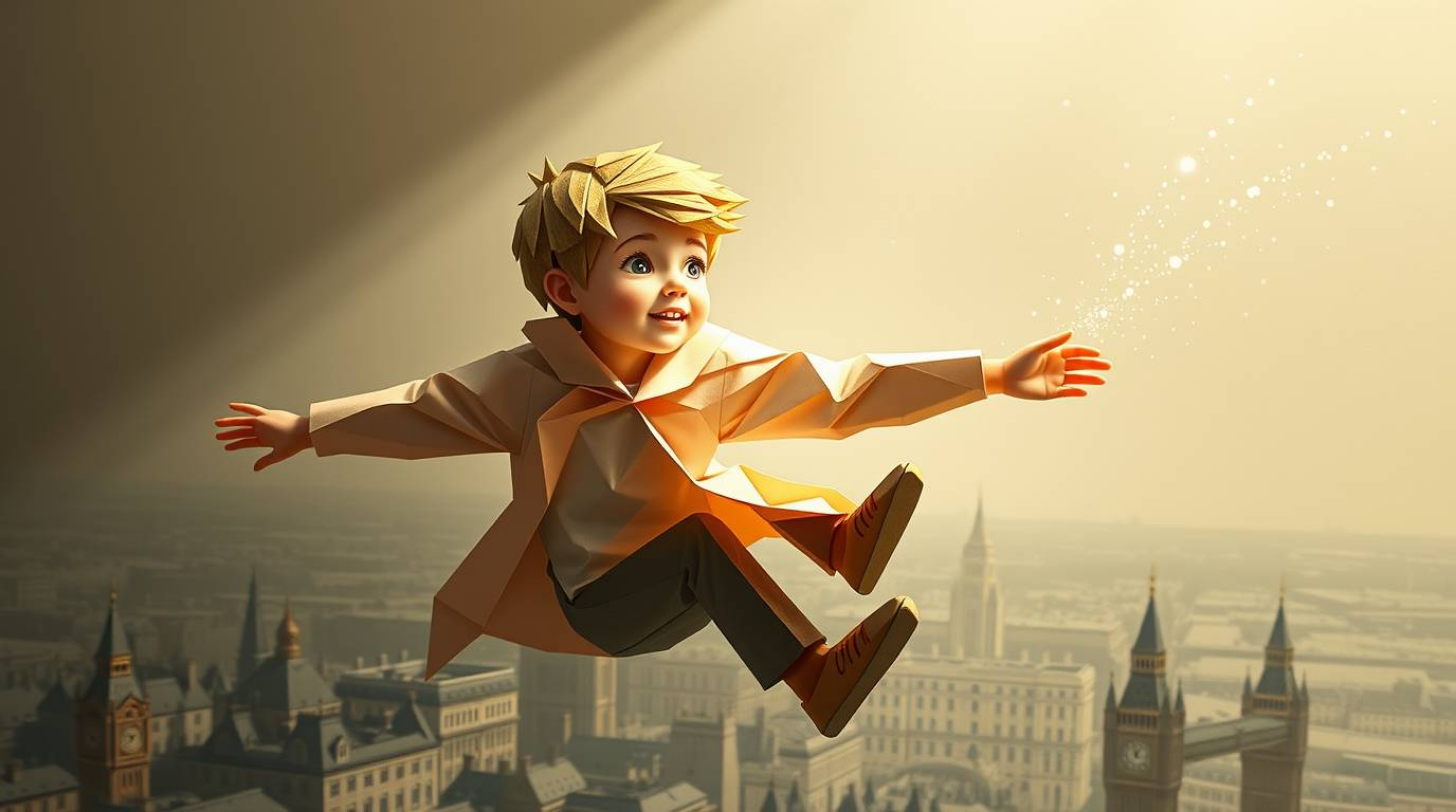An intricate origami-style illustration captures the magical scene of a young boy with fair skin soaring above London, propel