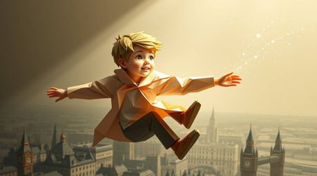 An intricate origami-style illustration captures the magical scene of a young boy with fair skin soaring above London, propel