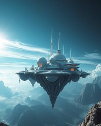 This high-resolution stock photo showcases a surreal floating island with bizarre architecture, presenting an epic scale and 