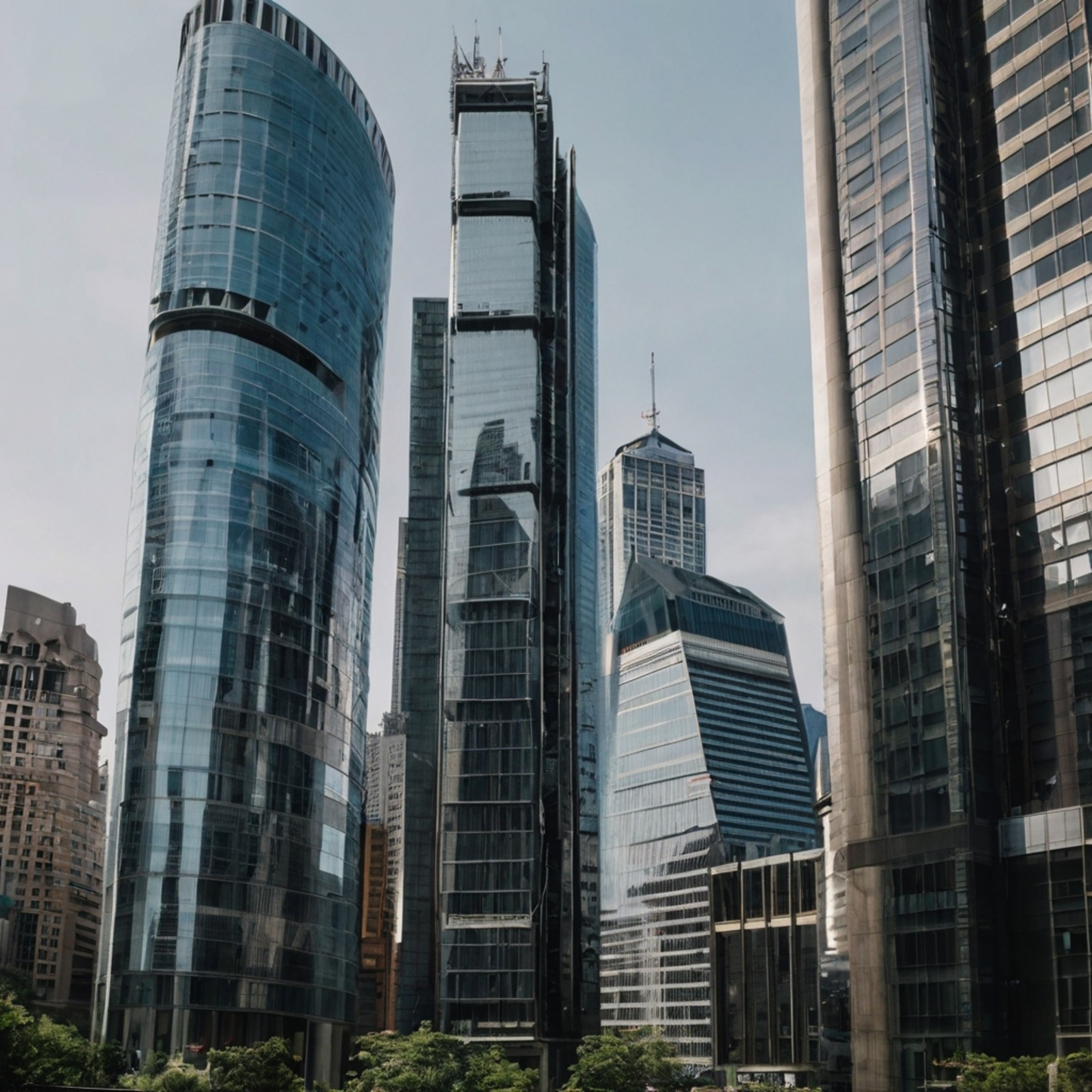 This sleek, glass-clad skyscraper stands tall in the center of a bustling modern financial district. Surrounded by other impr