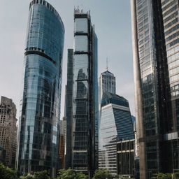 This sleek, glass-clad skyscraper stands tall in the center of a bustling modern financial district. Surrounded by other impr