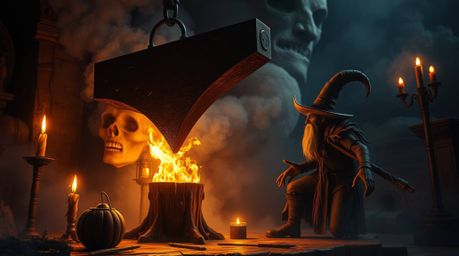 A dreamlike and surreal image depicting an anvil poised to drop on a trickster character, illuminated by the warm glow of can