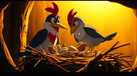 Witness the intense drama unfold in this classic animation short! Two cartoon birds meticulously construct their nest in a br