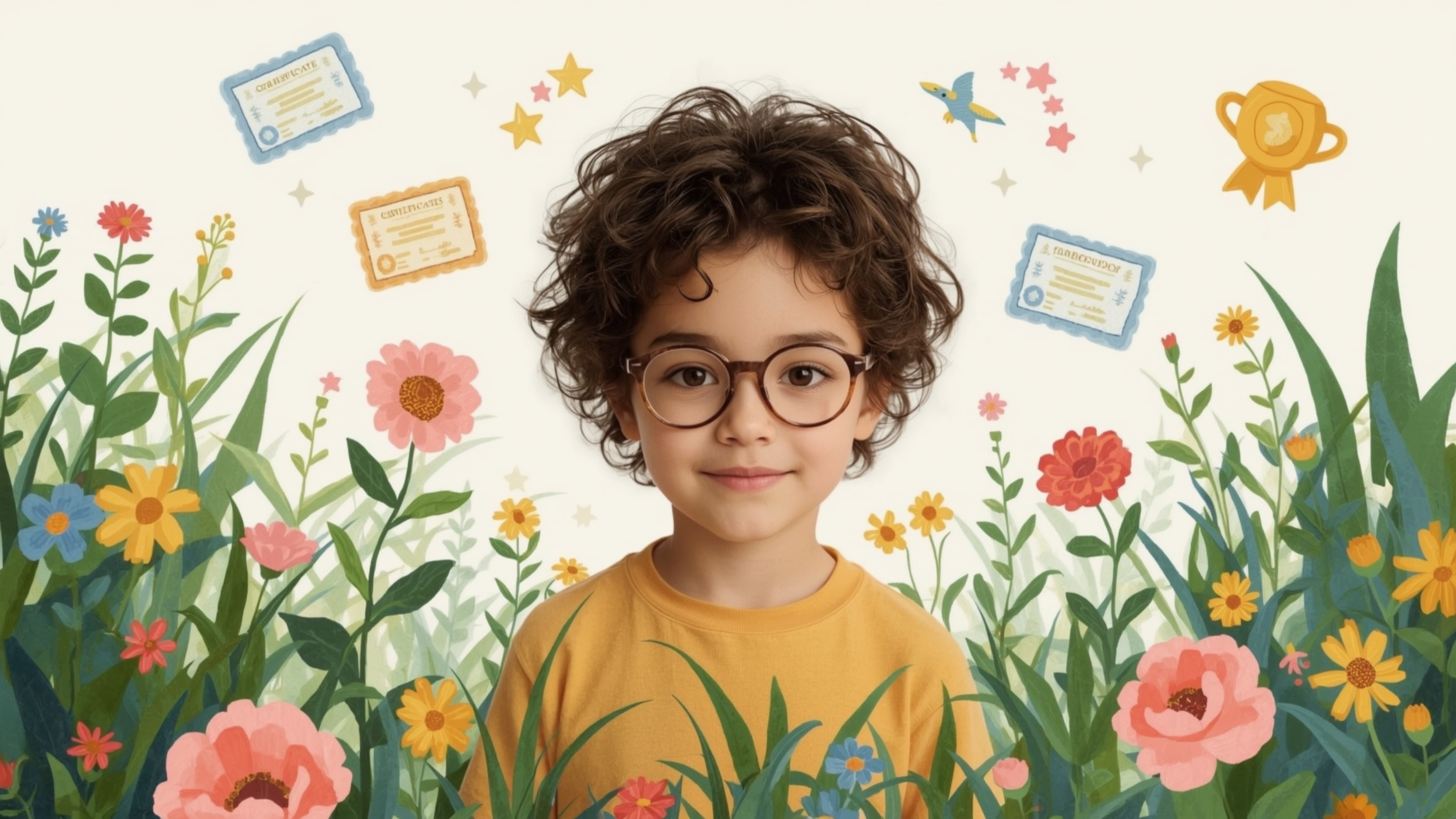 A high-resolution, professionally composed stock photo, in a whimsical Pixar-inspired style, shows a bespectacled homeschoole