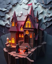 Explore a captivating origami-style illustration of a magical school teeming with young wizards, dramatically set against a b
