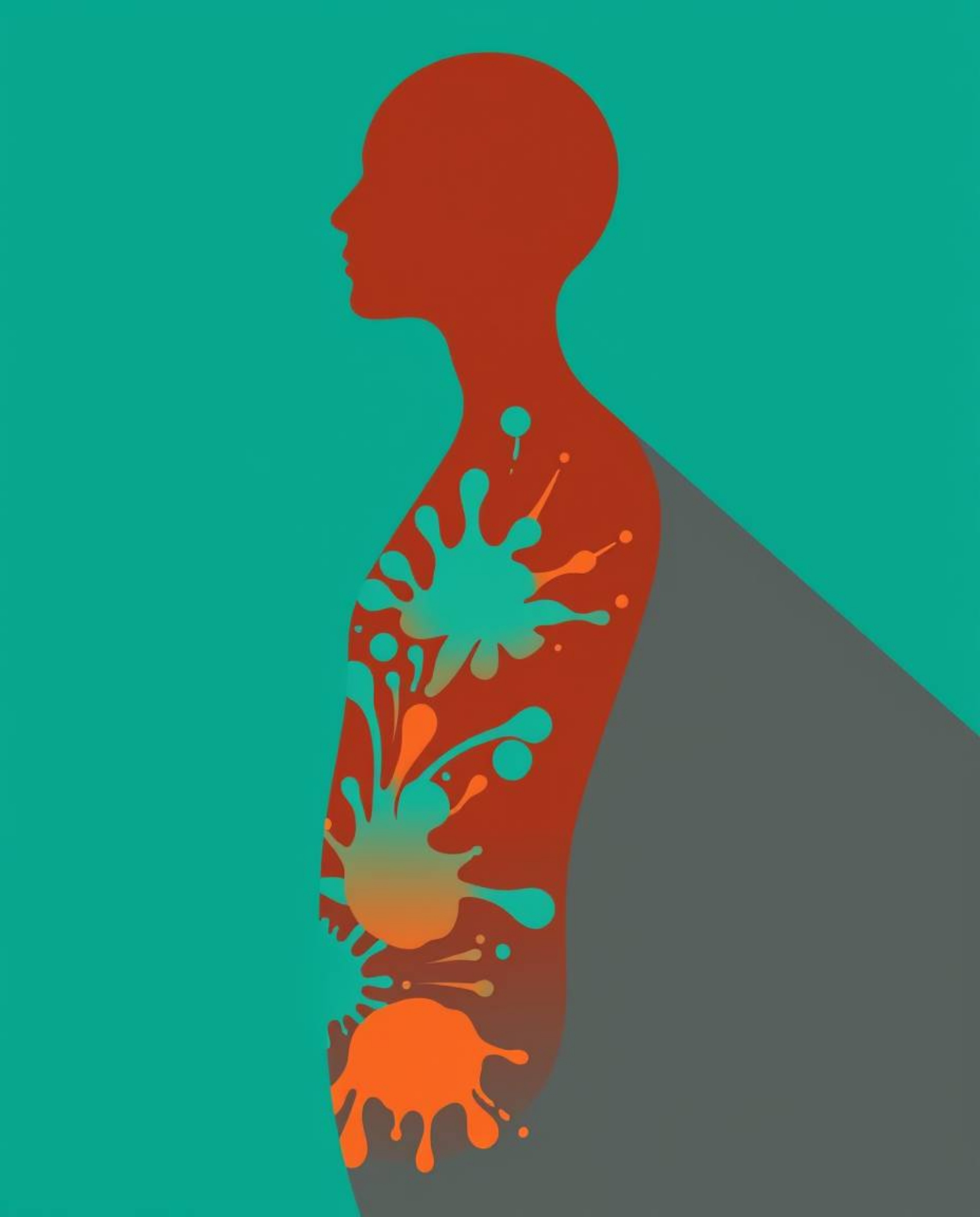This artwork features a modern flat design illustration with terracotta and teal splash patterns that come together to form a