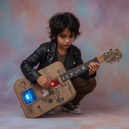 Discover exquisite high-fashion photography of a boy with unique features, building a functional cardboard spaceship in a dre