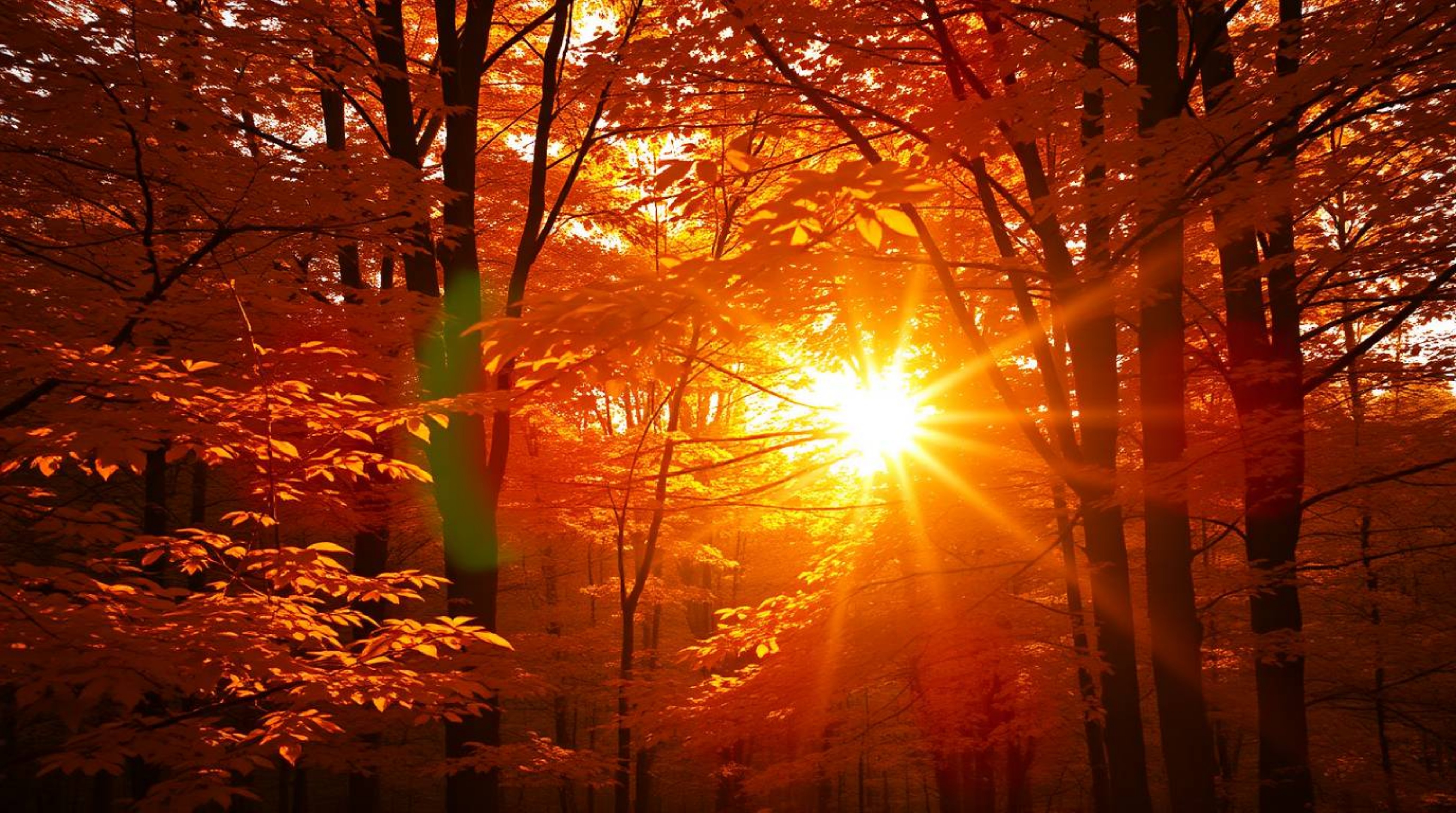 Capture the breathtaking beauty of an autumn forest bathed in the golden light of sunset. This stunning image features vibran