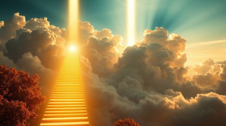 A breathtaking, modern depiction of a golden staircase ascending through ethereal clouds towards a radiant heaven.  Sunlight 