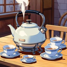 A serene still life featuring a silver tea kettle, its spout releasing gentle steam. The kettle sits gracefully on a warm woo