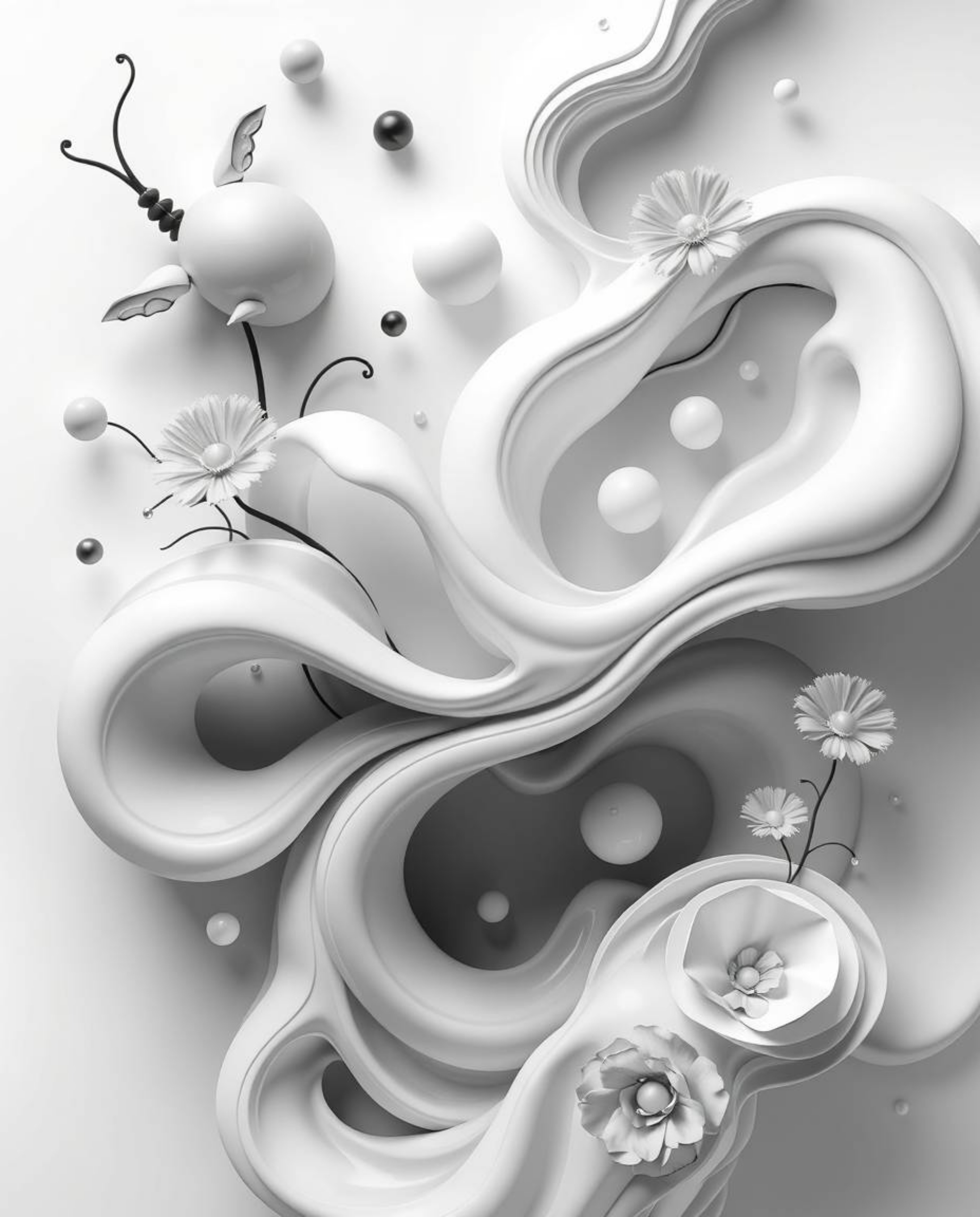 Explore a timeless black and white 3D illustration showcasing fluid shapes seamlessly morphing into one another, creating an 