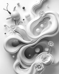 Explore a timeless black and white 3D illustration showcasing fluid shapes seamlessly morphing into one another, creating an 