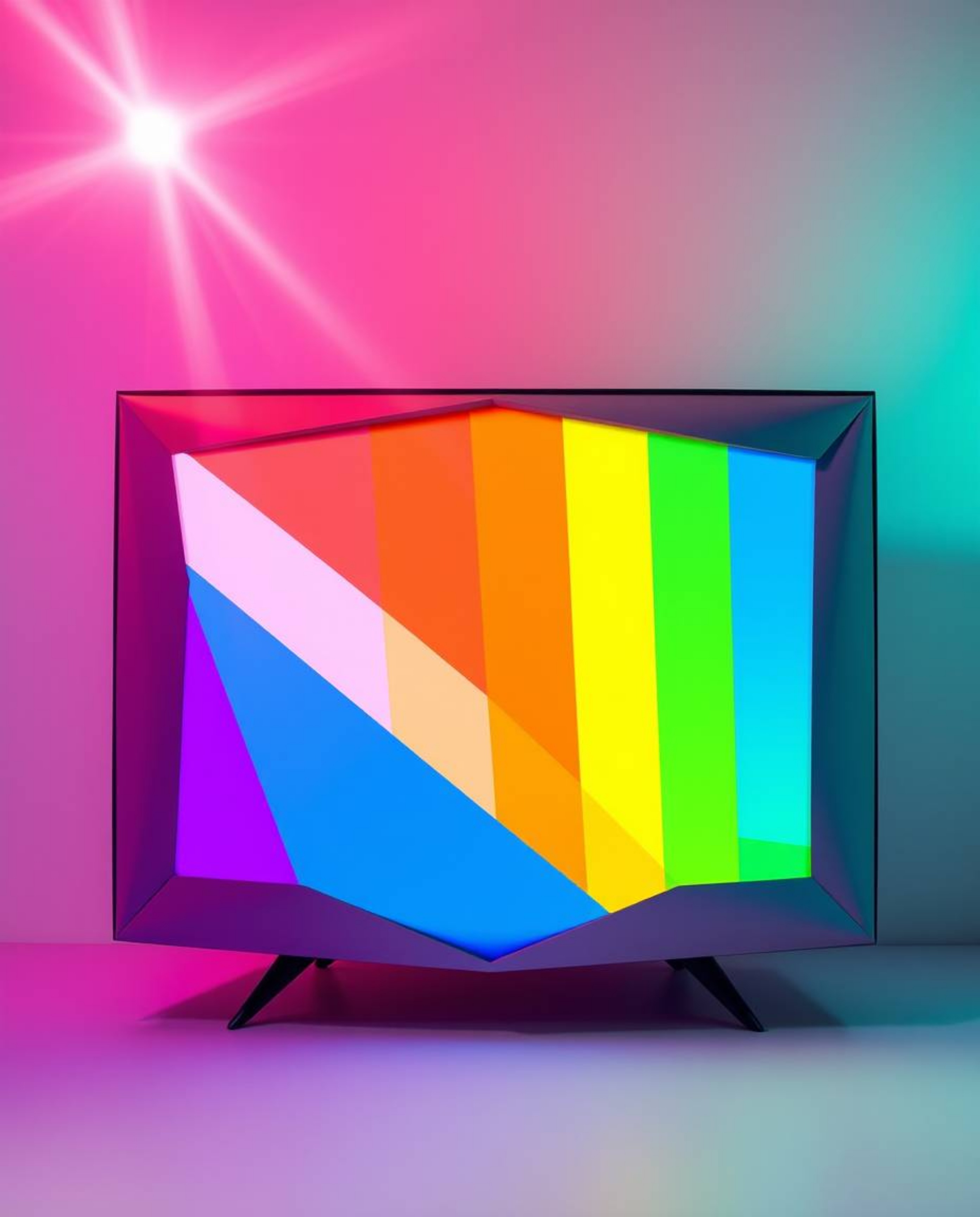 A captivating image showcasing a vibrant TV screen rendered in a precise origami style.  The display features RGB separated g