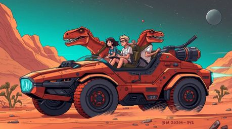 A futuristic sci-fi illustration depicting a prehistoric family joyriding in a dinosaur car showcases a captivating blend of 
