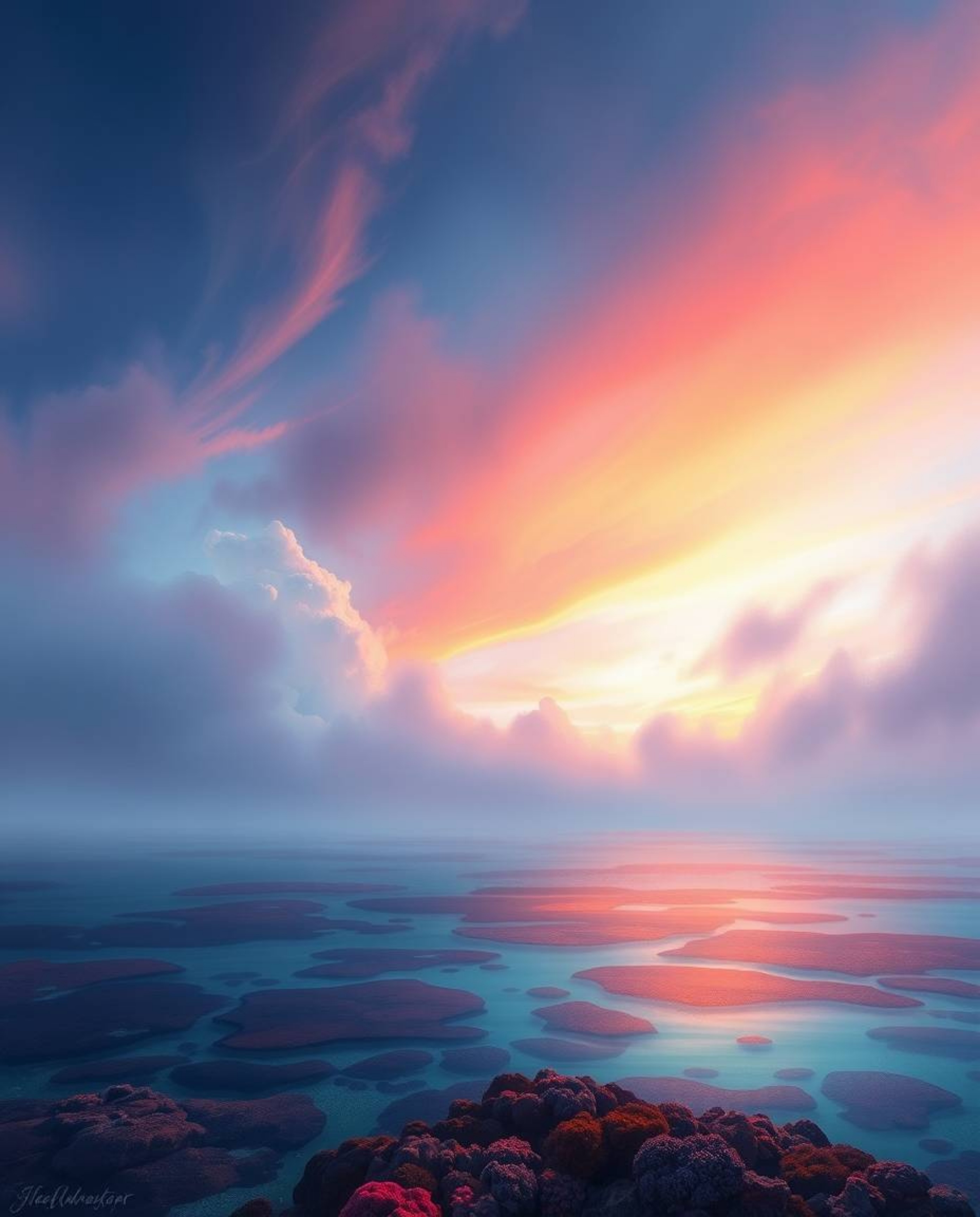 A digital painting captures a colorful sky over a coral reef at low tide, featuring smooth gradient transitions and complemen