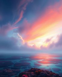 A digital painting captures a colorful sky over a coral reef at low tide, featuring smooth gradient transitions and complemen
