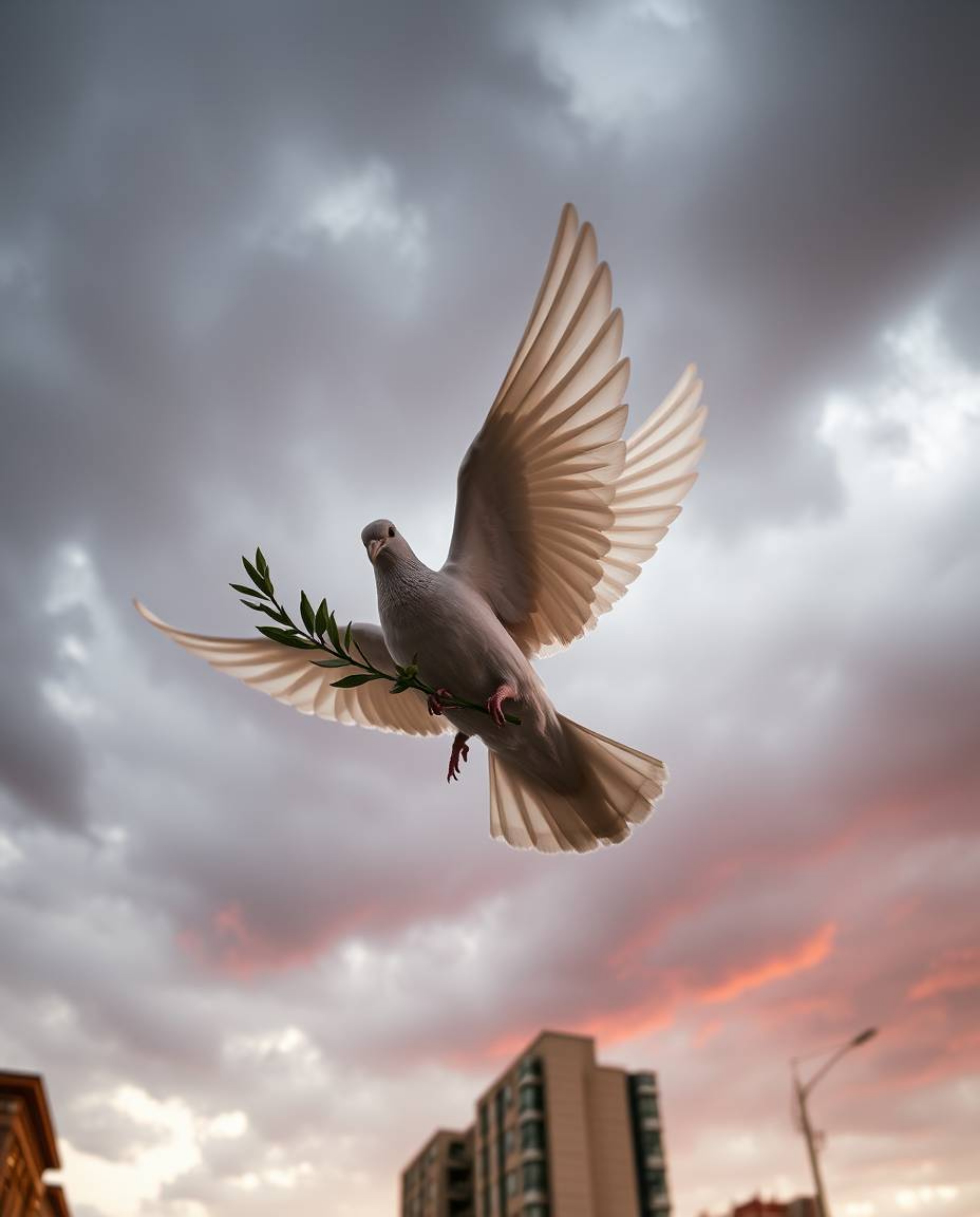 A powerful image of a dove carrying an olive branch through a turbulent, stormy sky, captured from a low angle to emphasize i