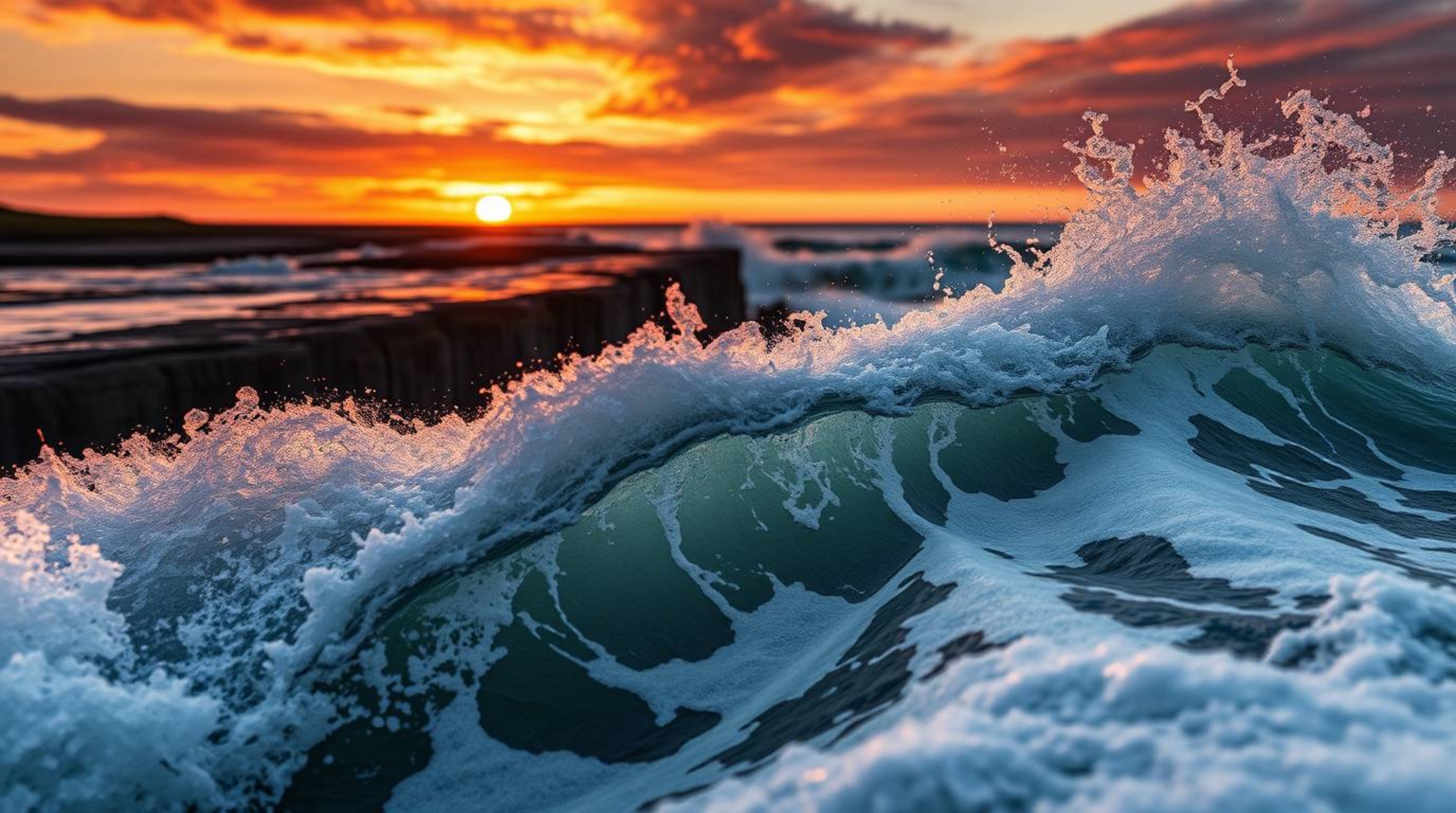 Experience the raw power of nature with these extreme macro close-up shots capturing waves crashing on cliffs beneath a blazi