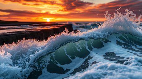 Experience the raw power of nature with these extreme macro close-up shots capturing waves crashing on cliffs beneath a blazi