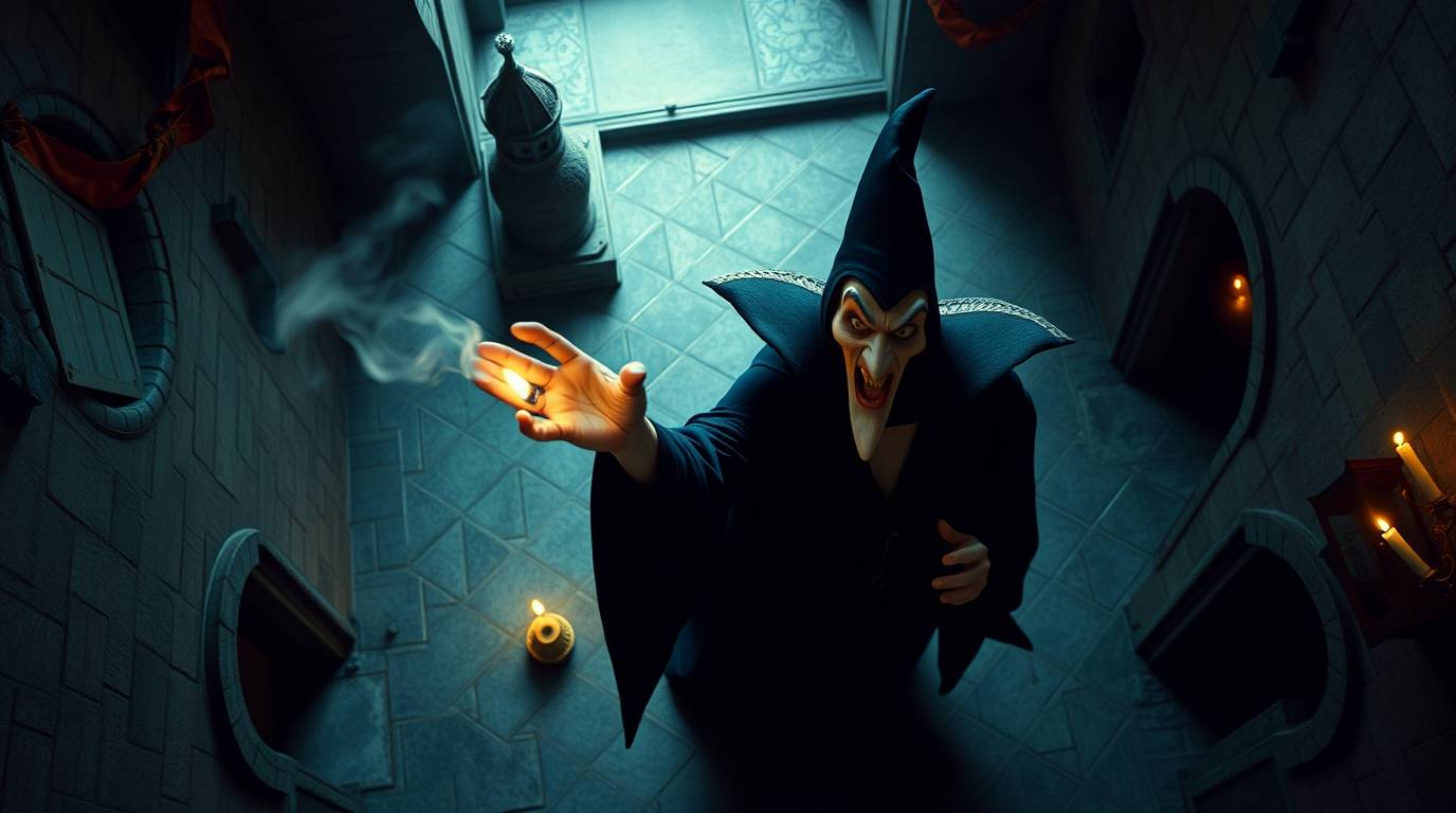A captivating overhead shot captures a classic Disney villain casting a spell within the aged walls of an ancient castle. Re