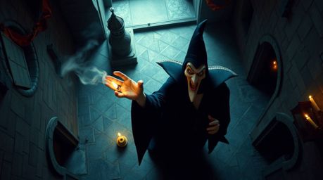 A captivating overhead shot captures a classic Disney villain casting a spell within the aged walls of an ancient castle. Re