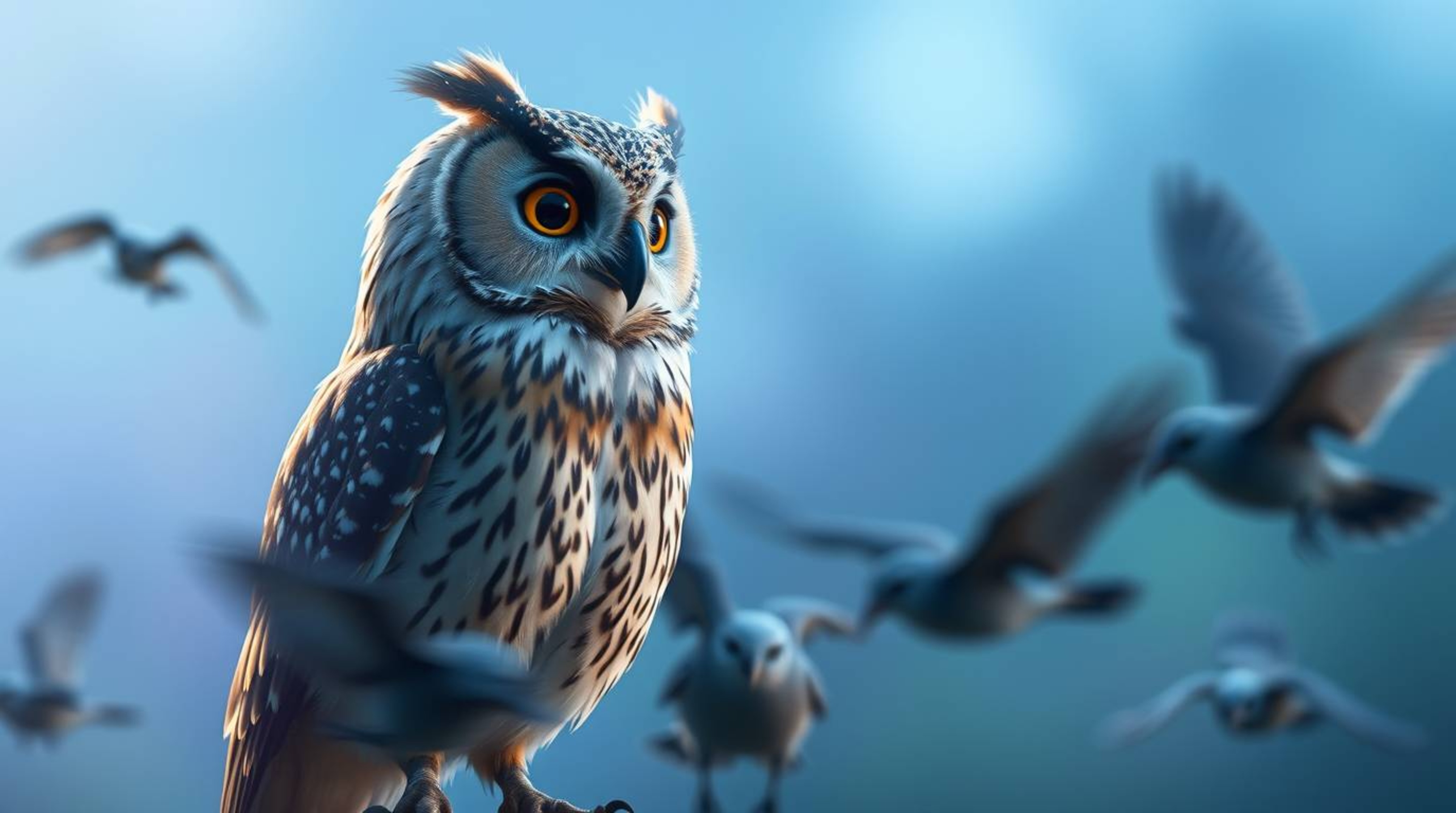 A cinematic long-exposure image depicting a blind, proud owl, rendered in Pixar style, observing its students – birds learnin