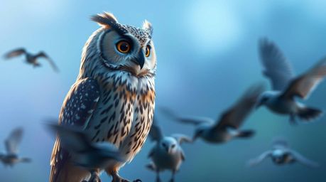A cinematic long-exposure image depicting a blind, proud owl, rendered in Pixar style, observing its students – birds learnin