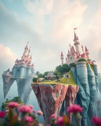 Explore a vibrant kingdom of floating islands and majestic castles, captured in a captivating low-angle perspective. Bathed i