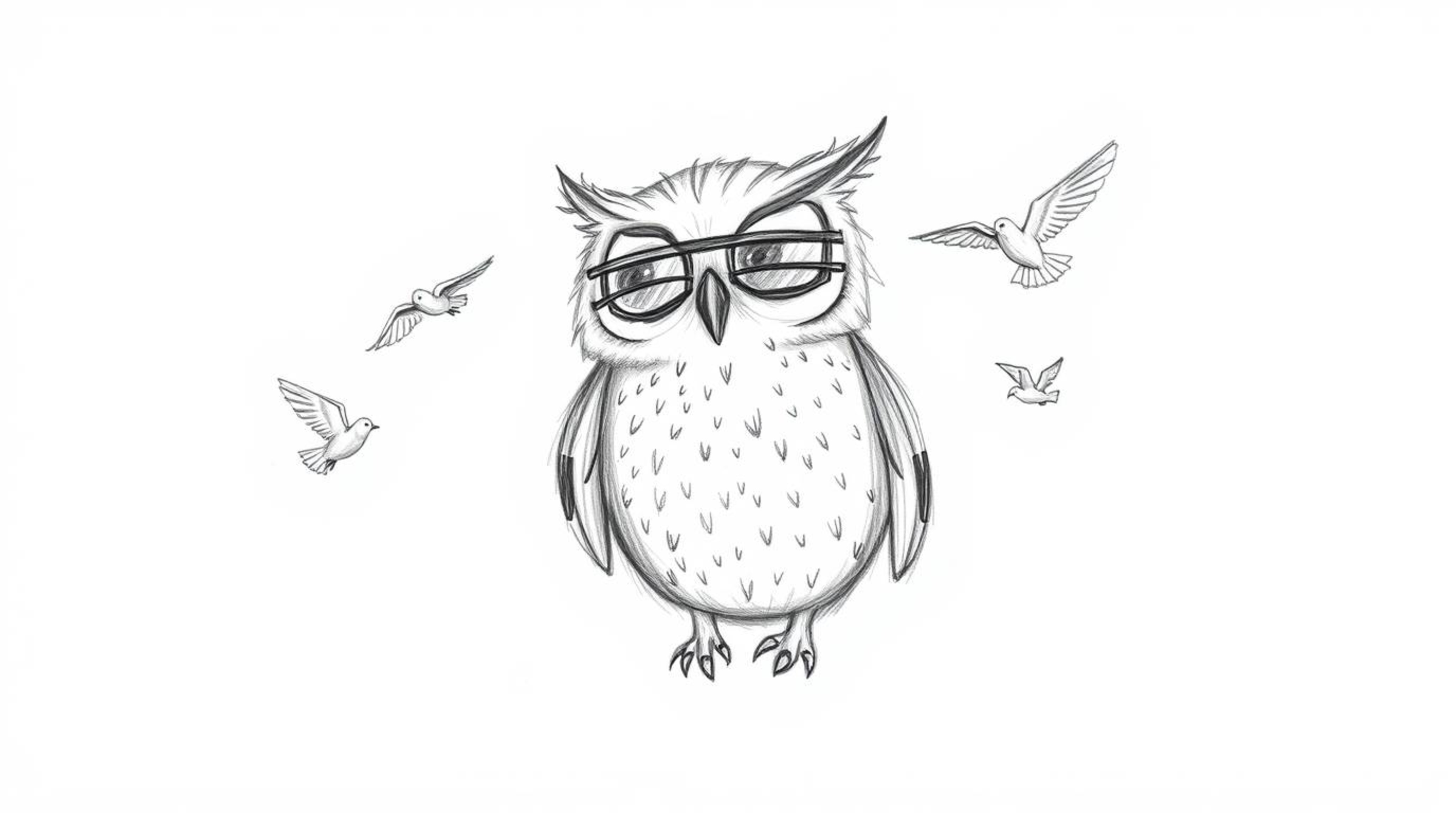 A heartwarming hand-drawn sketch in the style of Pixar portrays a blind owl with sunlit, glowing feathers lovingly teaching b