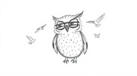 A heartwarming hand-drawn sketch in the style of Pixar portrays a blind owl with sunlit, glowing feathers lovingly teaching b