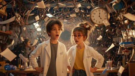 In a vibrant, cinematic photograph with a Pixar-esque style, two enthusiastic science fair students—a boy in a white lab coat