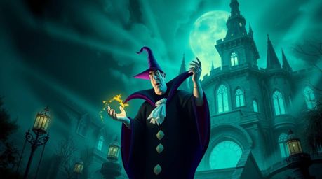 A classic Disney villain is depicted casting a spell within the aged stone walls of an old castle. The scene is beautifully i