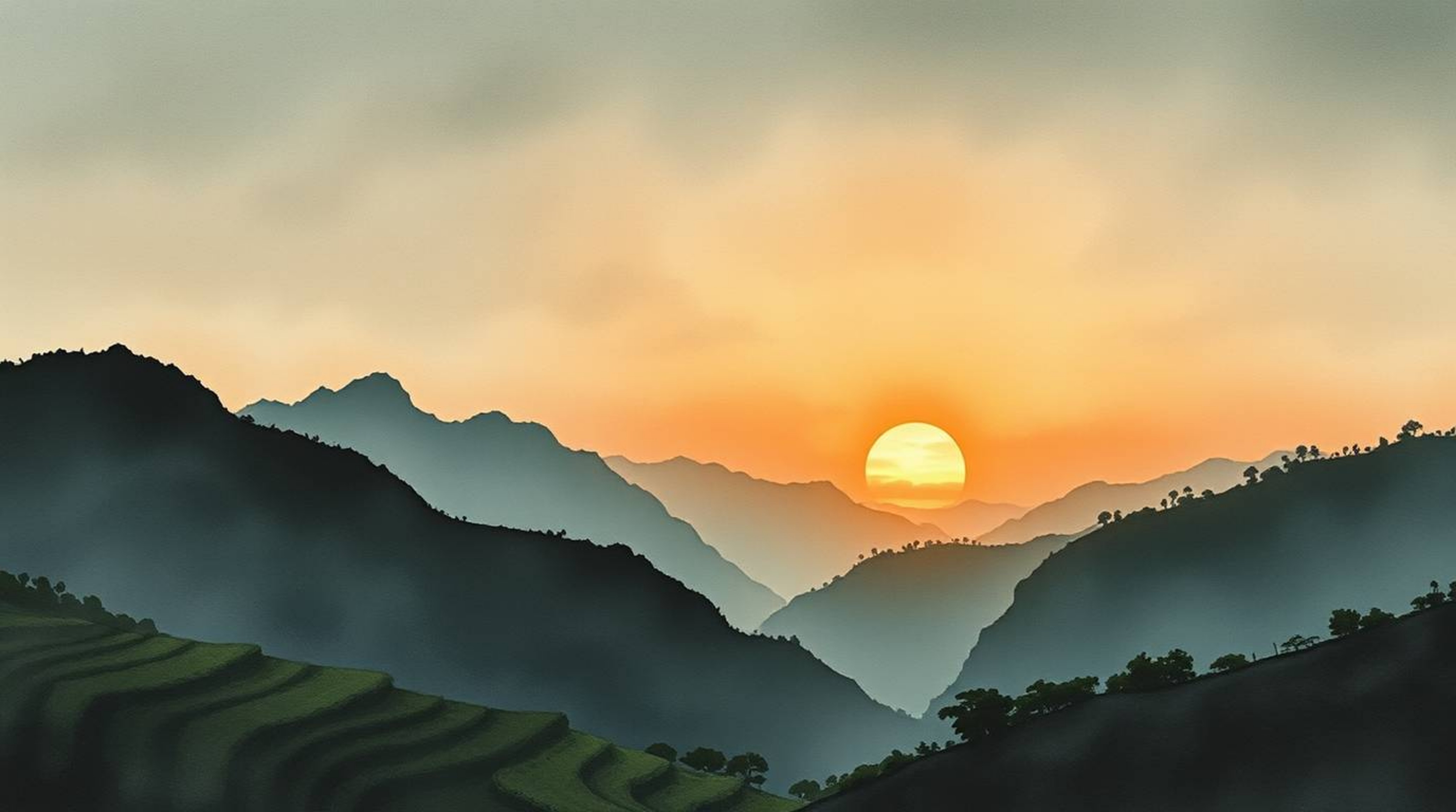 This collection showcases delicate watercolor paintings depicting an eerie and creepy sunset over mountainous rice terraces. 