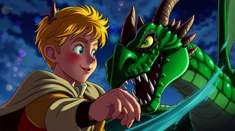 A charming prince with rosy cheeks and blonde hair bravely battles a fierce dragon with emerald scales beneath an iridescent