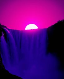 This is a high-resolution stock photo of a sun setting behind a dramatic waterfall. The image is characterized by its use of 