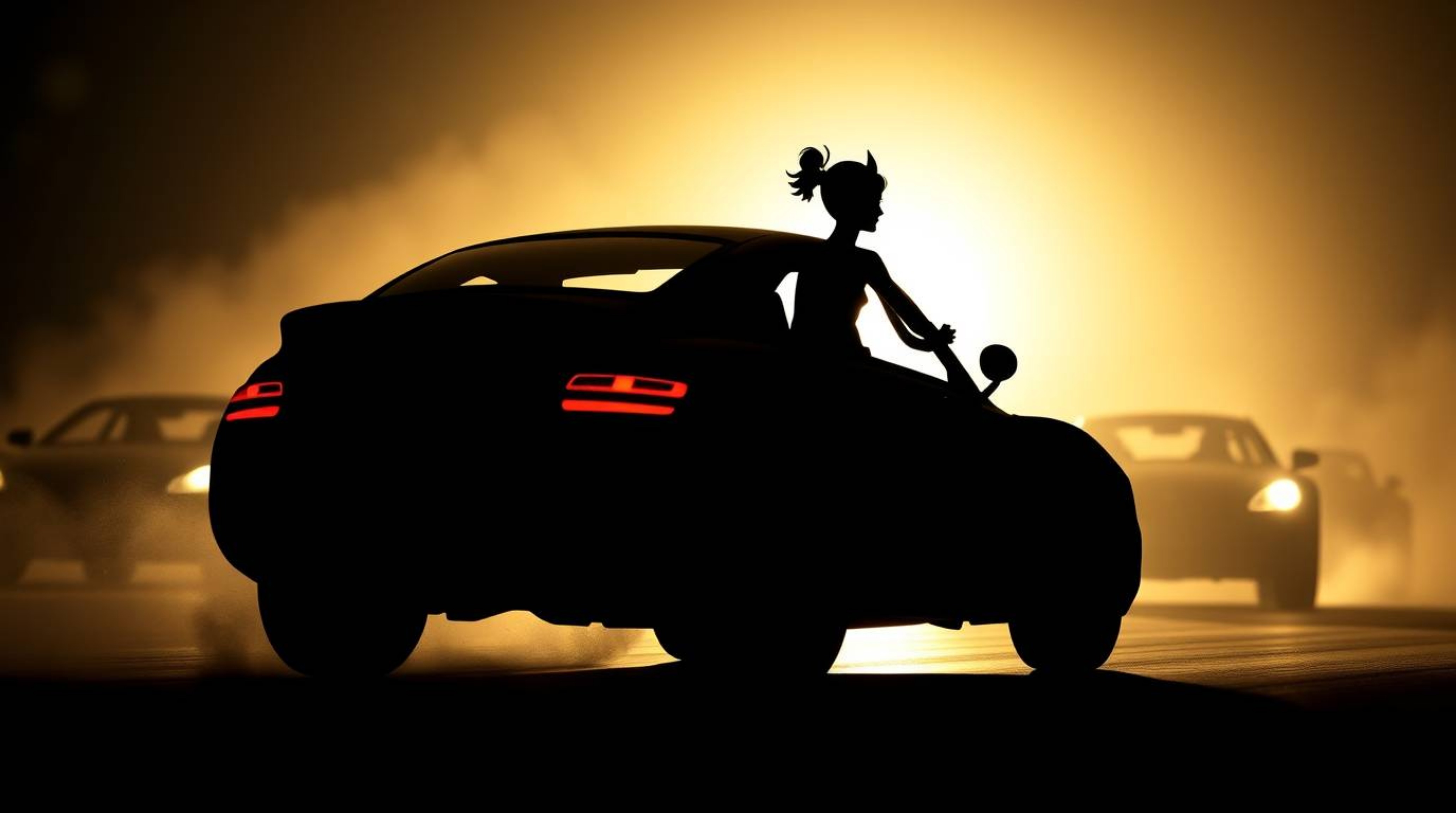 Experience the thrill of wacky racing in this silhouetted scene featuring outlandish cars backlit for dramatic effect.  The a