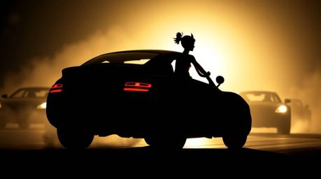 Experience the thrill of wacky racing in this silhouetted scene featuring outlandish cars backlit for dramatic effect.  The a