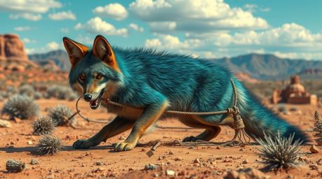 A rich, deep teal furred coyote is meticulously crafting a ridiculously elaborate trap within a stunning and detailed desert 