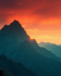 Behold a modern, grand, and epic scene of a sunset from a high alpine peak, rendered in rich deep teal and other luxurious, v