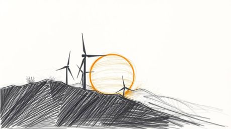 A captivating hand-drawn sketch depicts a serene yet eerie sunset behind a row of wind turbines perched atop a hill. The artw