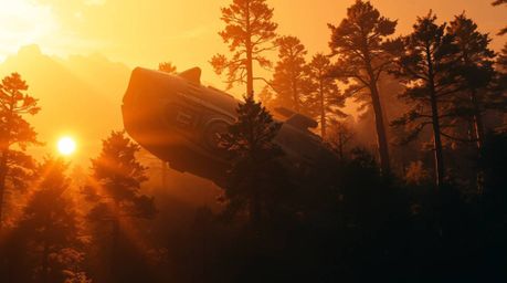 Immerse yourself in a captivating scene where futuristic sci-fi technology meets the serene beauty of a sunset forest.  Warm 
