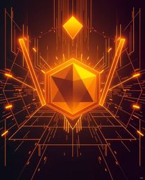 Explore a modern flat design aesthetic bathed in a warm golden glow, featuring radiant geometric shapes that evoke a glitched
