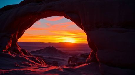 Witness a breathtaking bioluminescent sunset glowing through a majestic desert rock arch. This stunning image showcases vibra